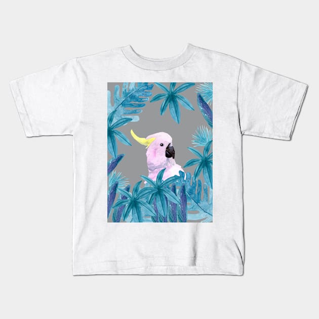 Cockatoo with tropical leaves in watercolor and an ultimate gray background Kids T-Shirt by Sandraartist